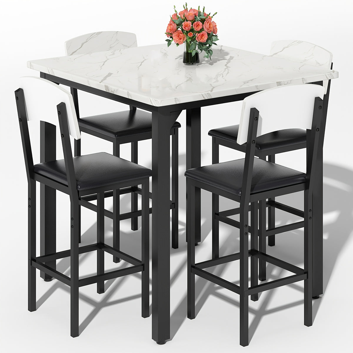 5pcs Dining Table and Chair Set, Modern Contemporary Kitchen Furniture with Upholstered Chairs, Rectangle Mixed Color Counter Height Table and 4 Bar Stools, Compact for Small Space, Imitation Marble Texture, Suitable for Living Room and Bar