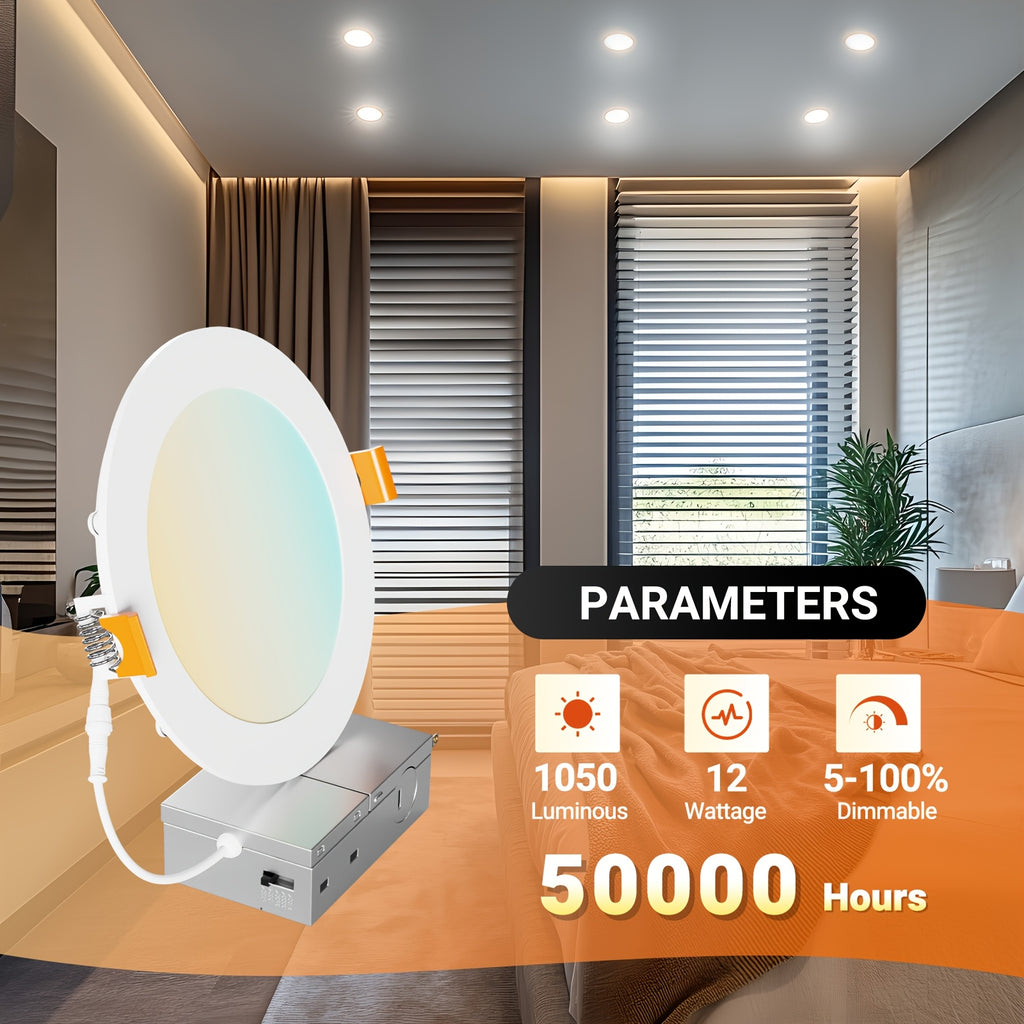 24/72-Pack 6-Inch 5CCT Ultra-Thin LED Recessed Ceiling Light with Junction Box, 2700K/ 3000K/ 3500K/ 4000K/ 5000K Optional, 1050LM Brightness, Dimmable Slotless Wafer Downlight, 12W Is Equivalent to 110W And Is Suitable for Ceiling Lighting