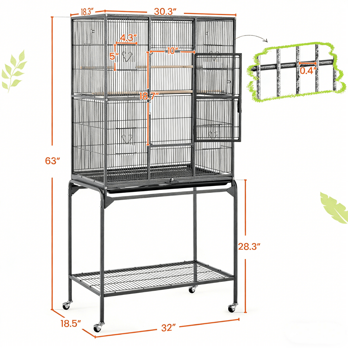 Costoffs 63"H Large Metal Cage Parrot Cage with Rolling Stand Detachable Pet Cage with Storage/Safe Bar Spacing/Slide-Out Tray/Starter Setup for Cockatiel Sun Parakeet Green Cheek Conure Lovebird, Black
