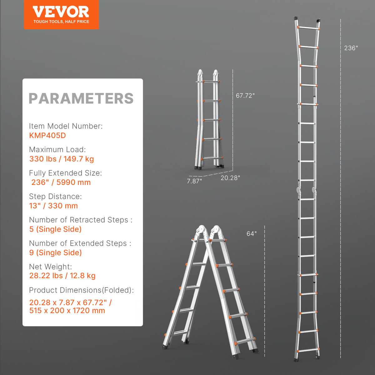 VEVOR Telescoping Ladder A Frame 9.5 FT 2880mm / 11FT 3350 mm / 13 FT 4000mm / 15.5FT 4670 mm / 17FT 5120 mm / 20FT 5990 mm/ 20.5FT 6230 mm Extension Multi-Function for Homework