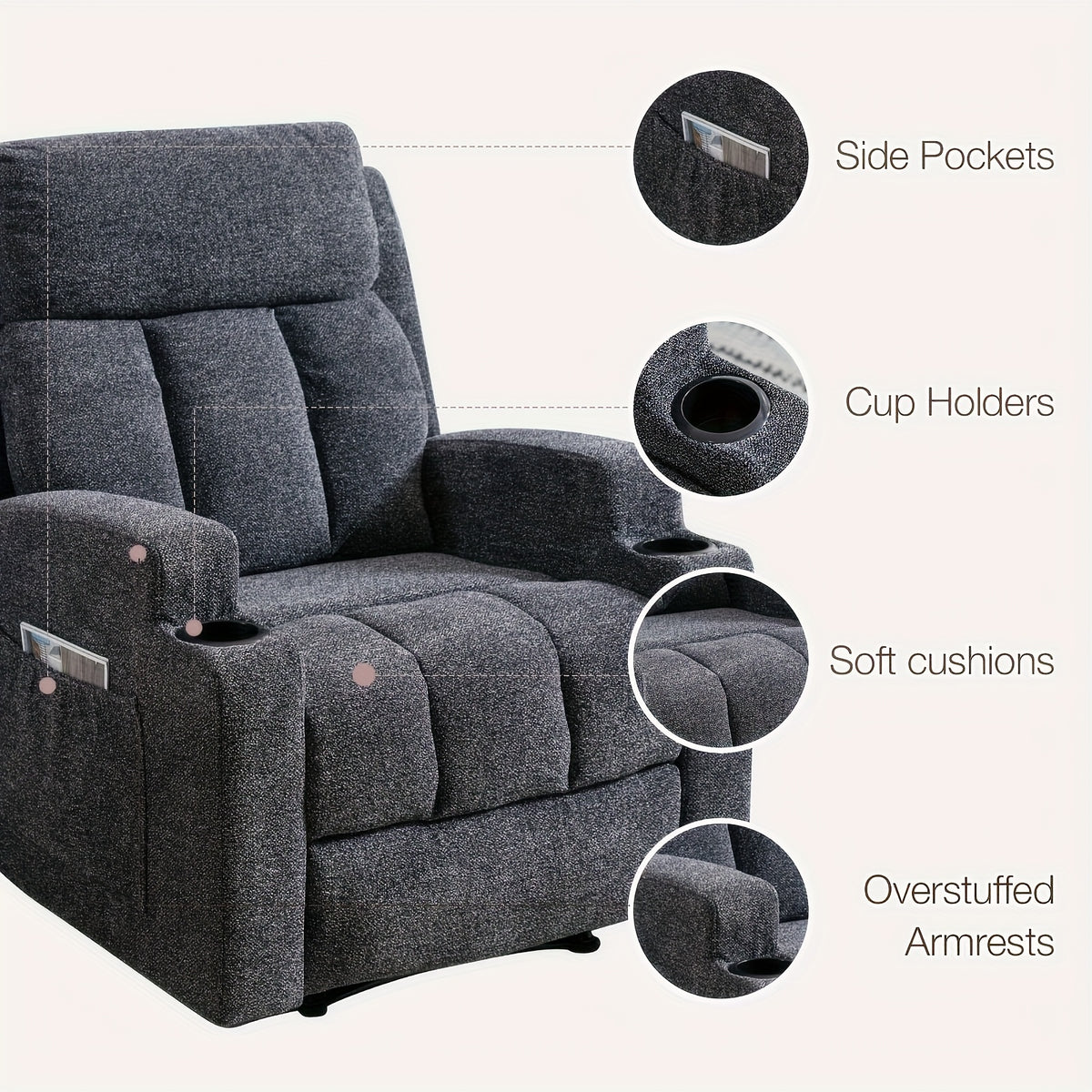 Manual Recliner Chair with Massage And Heat Ergonomic Overstuffed Breathable Fabric Reclining Chair with 2 Side Pockets, 2 Cup Holders, Remote Control, for Game & Recreation Room Furniture