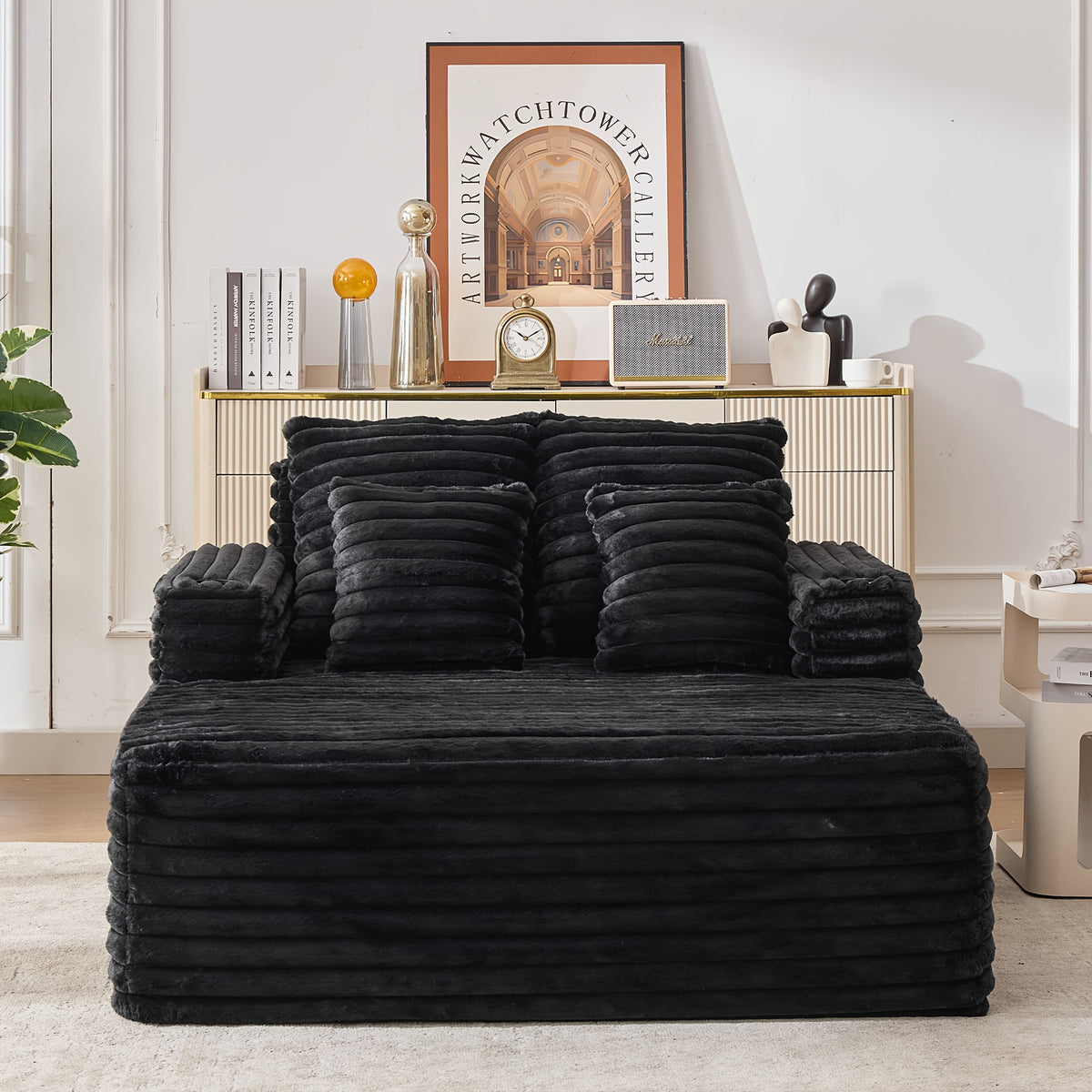 57" Oversized Frameless Floor Sofa, with Cup Holder, Plush Cushioned Lounger with Deep Seat for Living Room & Apartment