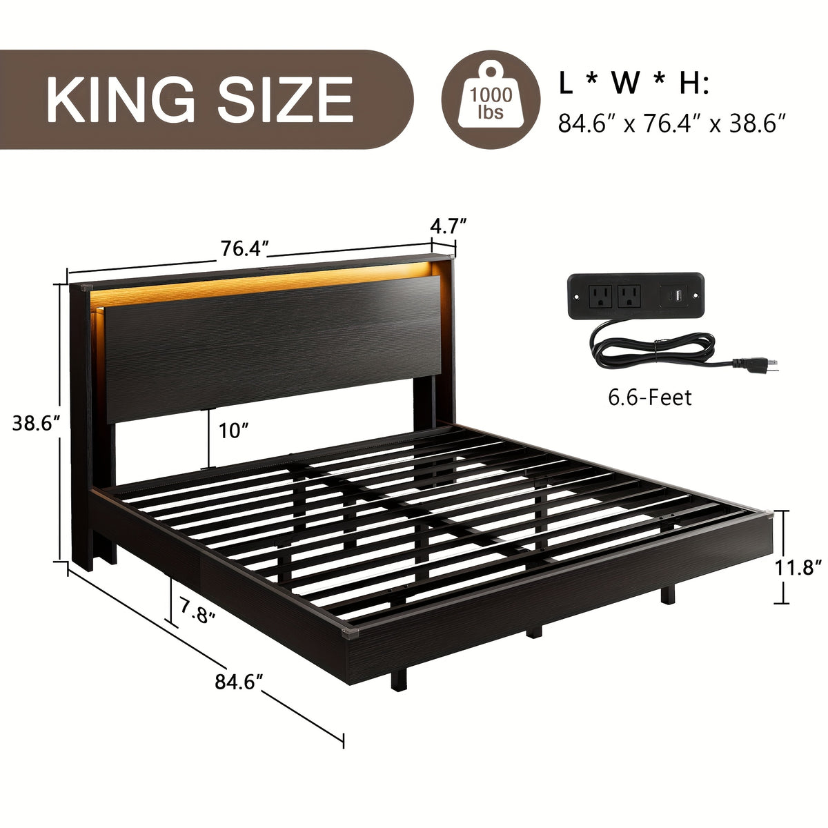 Floating Bed Frame with LED Lights & Charging Station, Heavy Duty Metal Support Frame, Easy Assembly, Bed Frame Without Mattres
