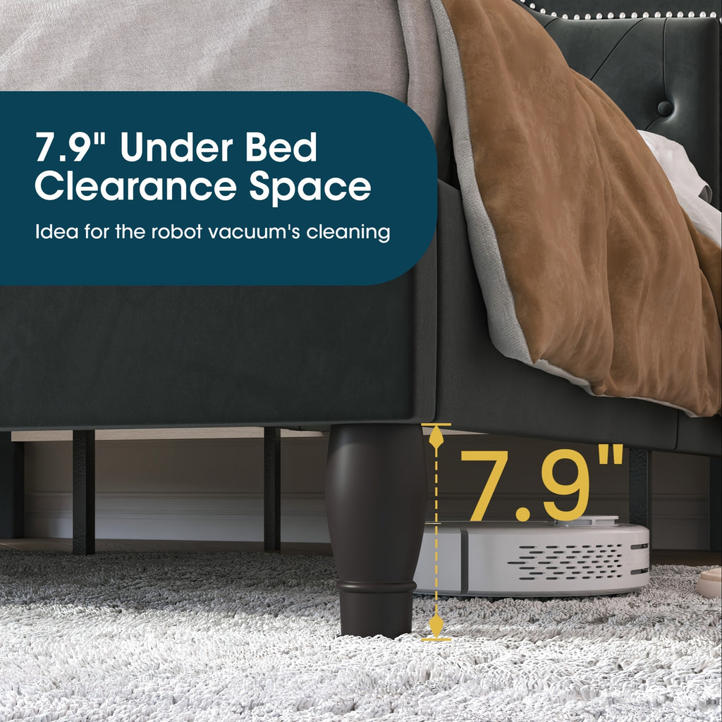 WEEWAY Full/Queen/King Bed Frame with Velvet Adjustable Tiara Curved Headboard And High Resilience, Upholstered Diamond Button Tufted Platform Bed with Wood Slats/No Box Spring Needed/Noise Free/Black/Dark Grey