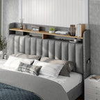 King Size Upholstered Bed Frame with Storage, 2-Tier Headboard And 2 Drawers, Sturdy Wood Slats, No Box Spring Needed, Noise-Free, Modern Grey/Beige, Easy Assembly, Space Saving