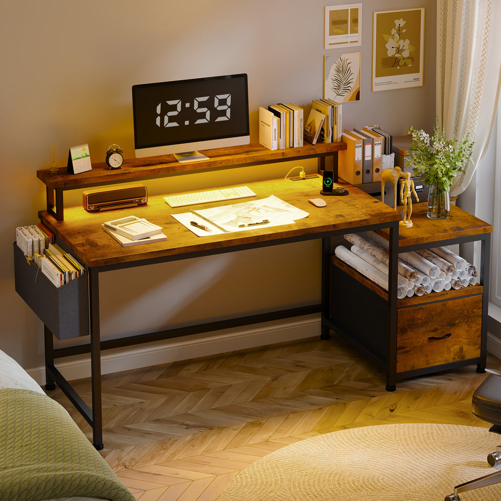 EnHomee 57" Computer Desk With Drawers And Printer Space, Office Desk With Power Outlets, Home Office Desks With File Drawers Cabinet, Study Writing And Gaming Desk With Shelves Monitor Stand