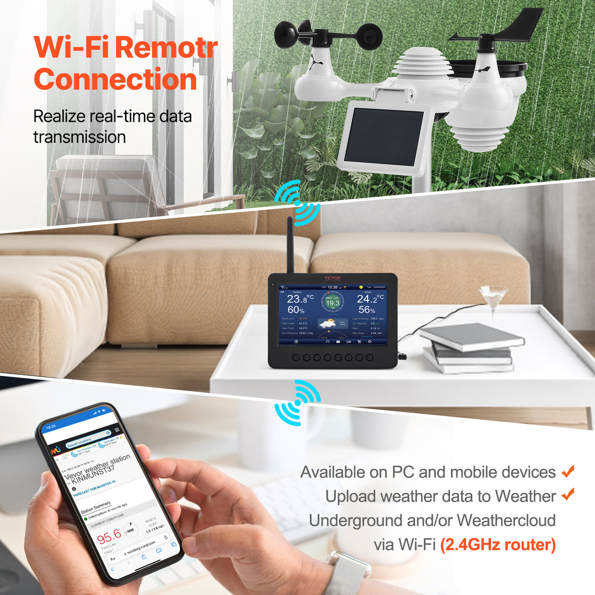 VEVOR 7-in-1 Wi-Fi Solar Self-Charging Weather Station with 7" TFT Color Display, Solar-Powered Sensor, Monitoring for Temperature, Humidity, Wind Speed/Direction and Rainfall