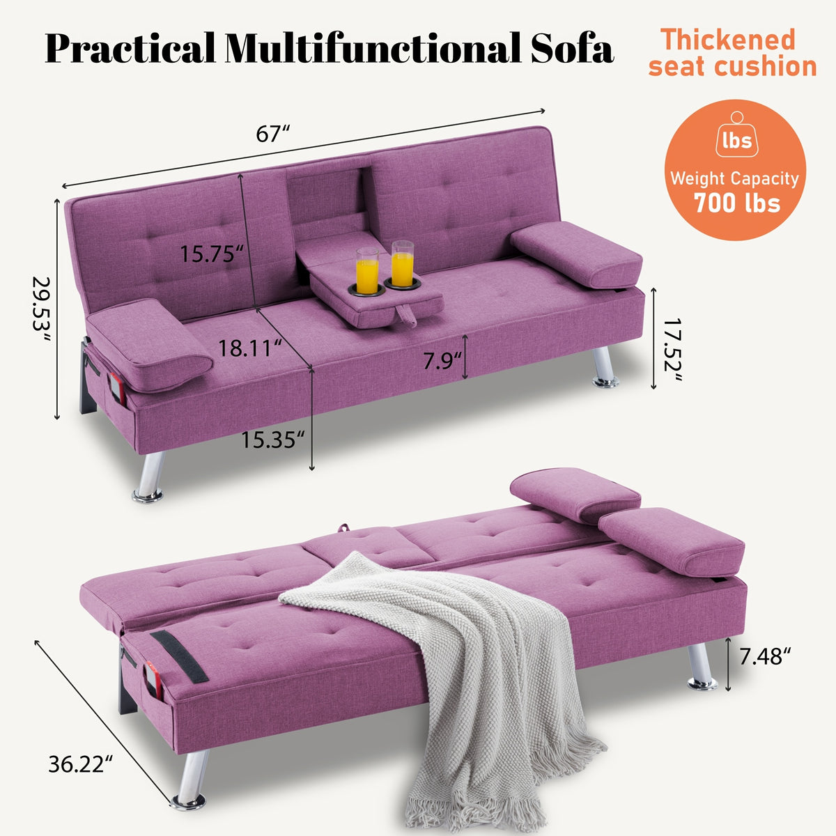 67" Convertible Futon Sofa Bed, 2 Thickness Seat Cushion, Adjustable Folding Couch with Detachable Armrest & Cup Holders, Heavy Duty 700 LBS Metal Frame, Multifunctional Sleeper Sofa for Living Room Bedroom Apartment Dorm