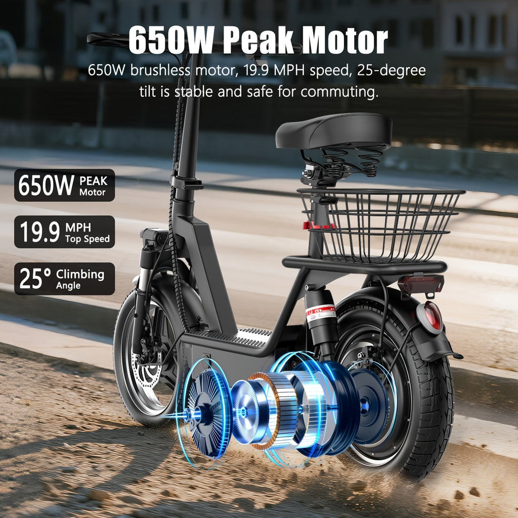650W Electric Scooter, 48V 15Ah, 14" Pet Escooter with Cushioned Seat, with Large Capacity BOX (Removable), Adults and Teens, 365lbs Max Load