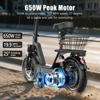 650W Electric Scooter, 48V 15Ah, 14" Pet Escooter with Cushioned Seat, with Large Capacity BOX (Removable), Adults and Teens, 365lbs Max Load