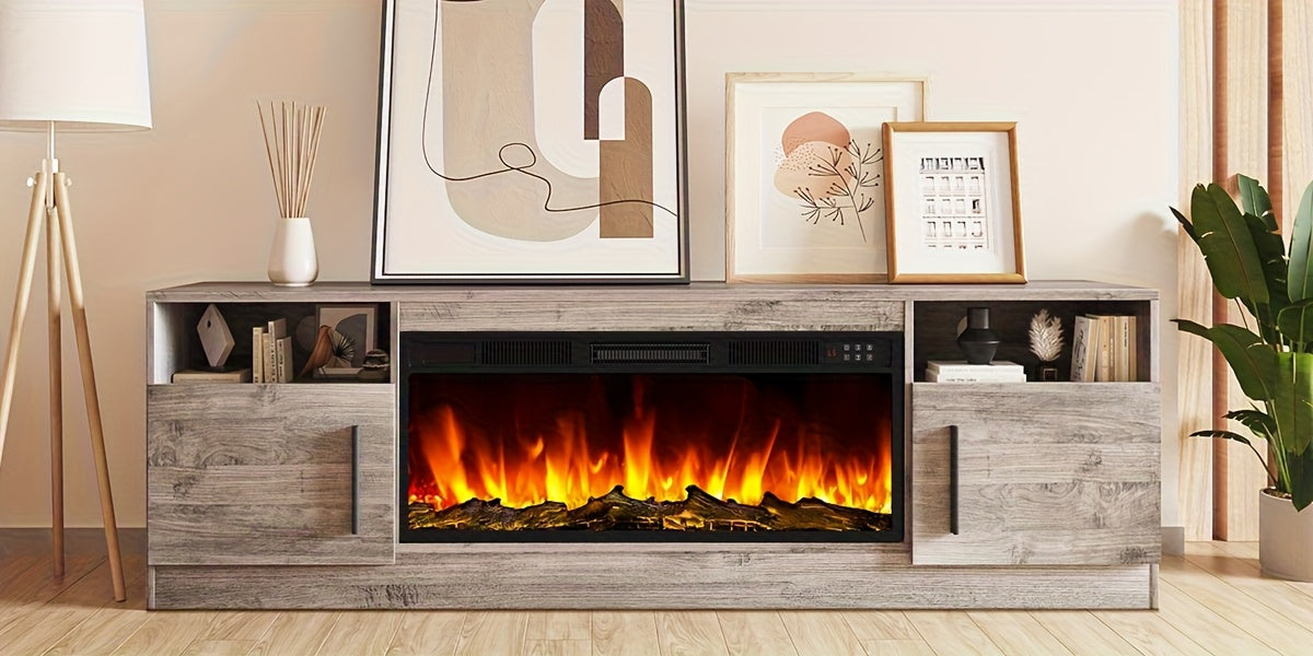 Fireplace TV Stand Entertainment Center with 36" Fireplace, Media TV Console with High Gloss Storage Cabinet And 16 Colors LED Lights, 70" Wooden TV Stand for TVs Up to 80"