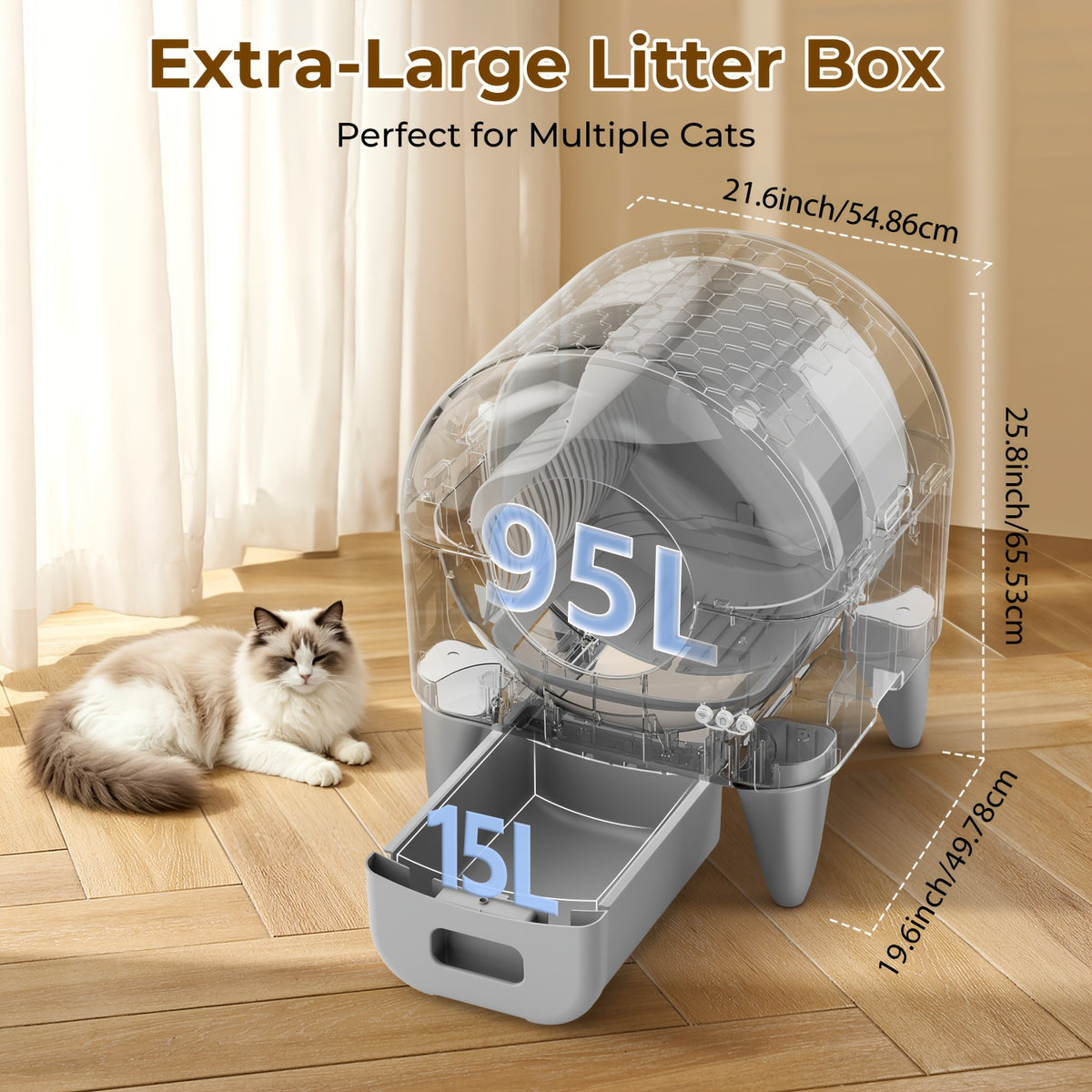 ECORUI Automatic Cat Litter Box, Self Cleaning Litter Box Large Capacity for Multiple Cats, App Control with Safety Sensors, Removable Washable Liner, 2 Rolls Garbage Bags, Grey, Refurbished, Without Battery