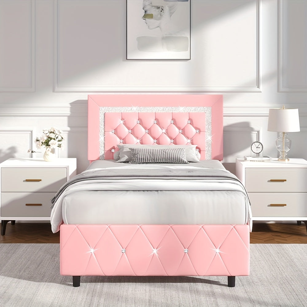 Halloween Twin Full Queen King Upholstered Bed Frame, Diamond Tufted Headboard, Faux Leather Bed Frame With Headboard & Footboard, Wooden Slats Support, No Box Spring Needed, Easy Assembly, Black/White/Pink/Green Christmas