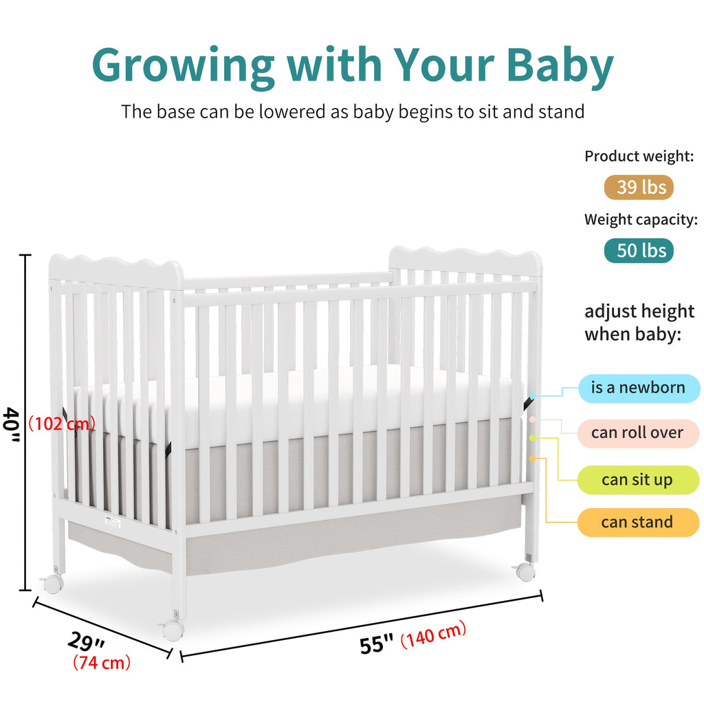 Goldzone 4in 1 Convertible Baby Crib, Wooden Baby Stuffs Converts Into Toddler Bed, Daybed, Newborn Essential with 3 Adjustable Base, Nursery Decor Necessities with Wheel & Non-Toxic Finishes, Item Weight: 36lbs, Maximum Weight Recommendation: 50lbs