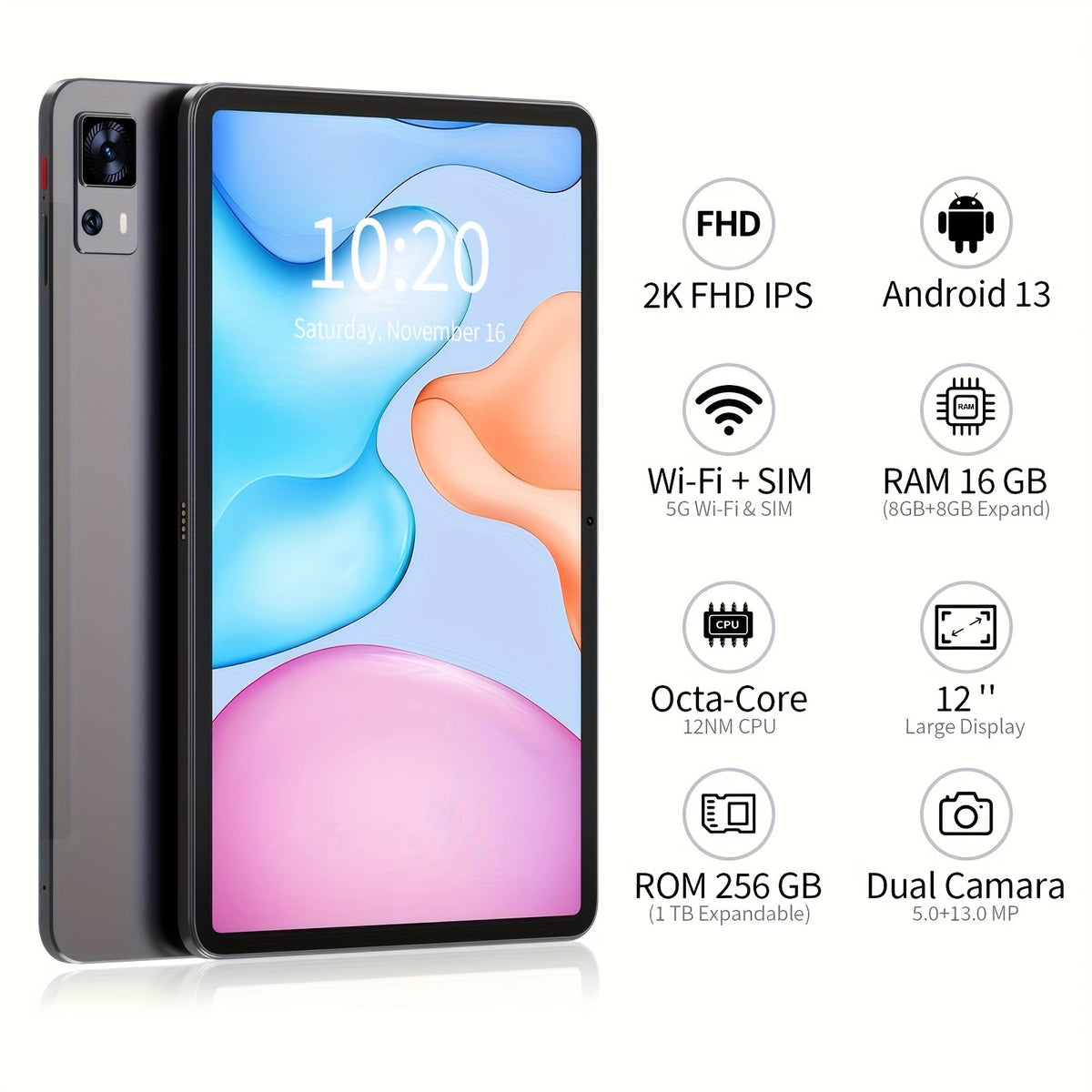 12-Inch Tablet with Android 13, Fashionable Case, 16GB RAM (8GB + 8GB Expandable), 256GB Storage, 1P Camera, 2000X1200 Full HD Display, T616 Octa-Core Processor, 8000Mah Battery, Tablet, Wi-Fi Supported, 18W Fast Charging, SIM Card Compatible