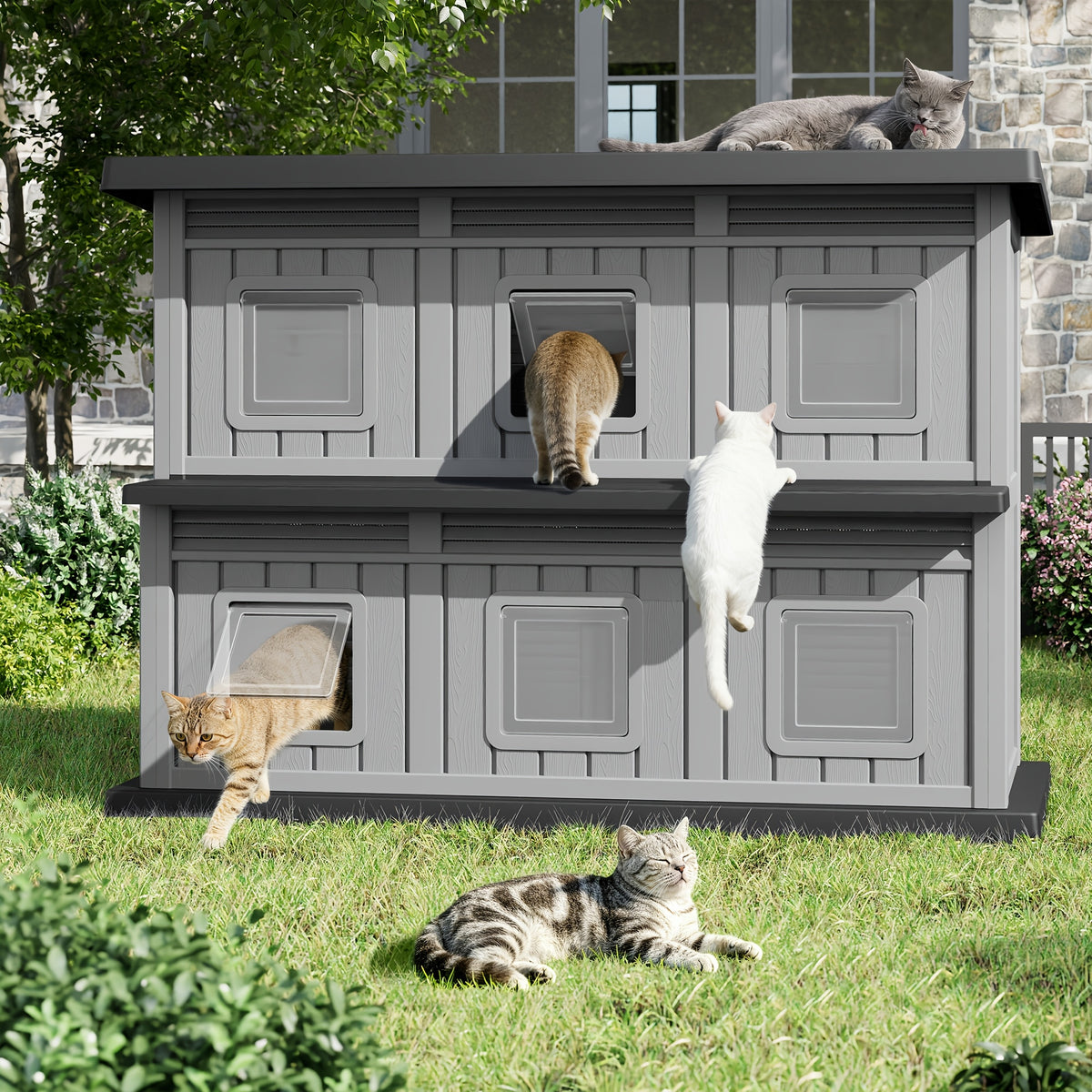 2-Tier Outdoor Cat House, Weatherproof Cat Shelter with 6 Doors & Ventilation, All-Weather Cat Apartment for Stray/Indoor Cats, Perfect for Backyard, Garden, Patio, 2 Colors Available, Grey-Black And Grey-Blue