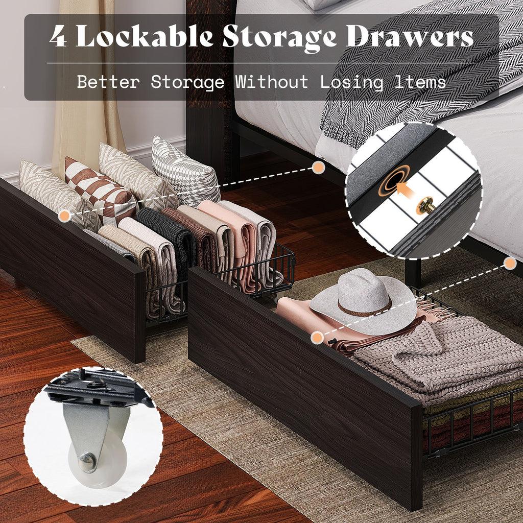Platform Bed with 4 Storage Drawers, 51.2" Tall LED Bed Frame with Bookcase Headboard, Linen Upholstered, Charging Station& Hidden Storage Area, No Box Spring Needed