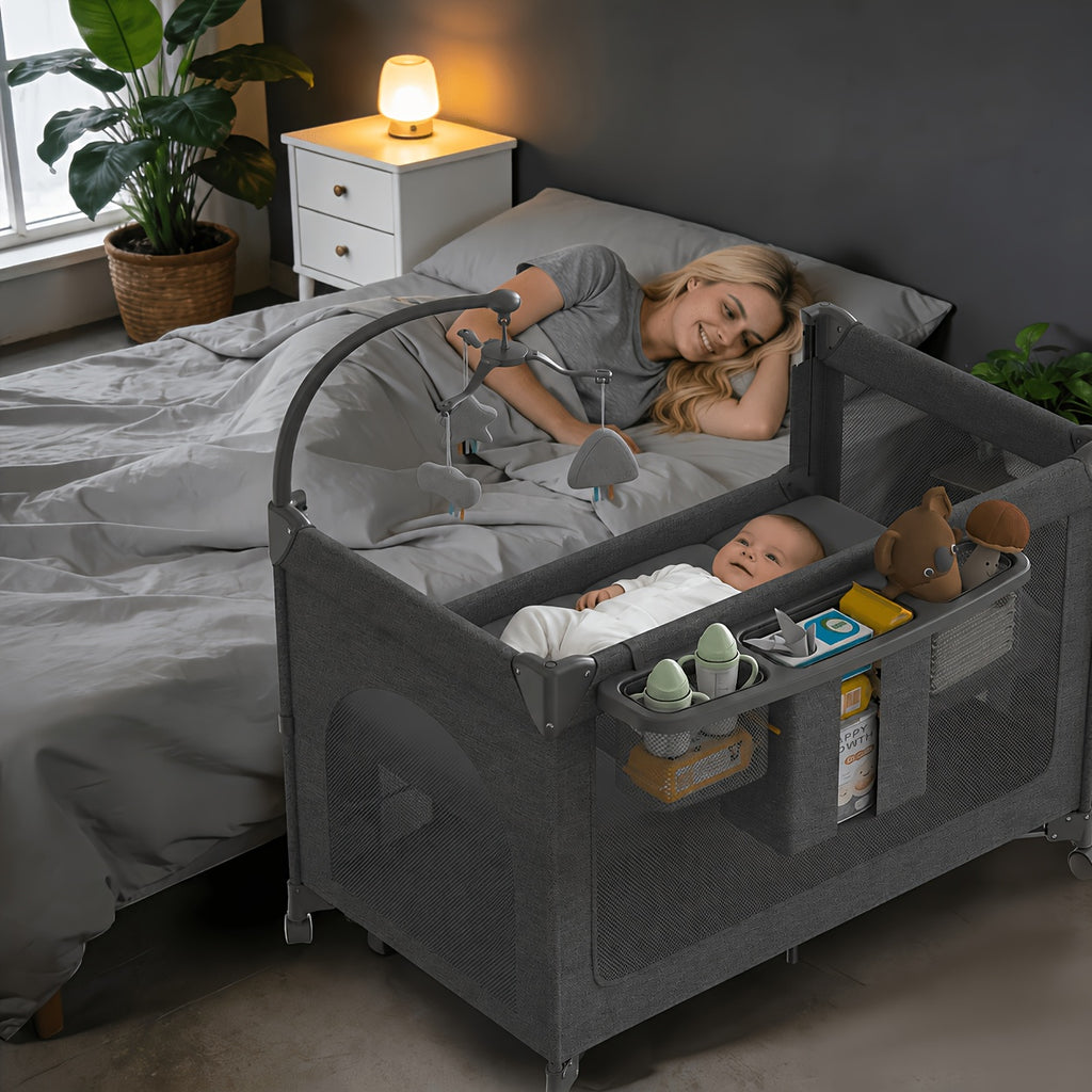 4 In 1 Bassinet, Pack And Play With Mattress, Crib With Wheels And Mosquito Net, Bedside Bassinet Sleeper With Changing Pad, Portable Playpen Foldable Playard For And Assembled And Folded Portable Cribs
