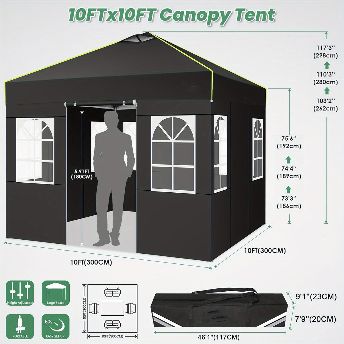 10x10ft One-Push Pop-Up Canopy Tent with 4 Removable Walls for Adjustable Outdoor Event Shelter