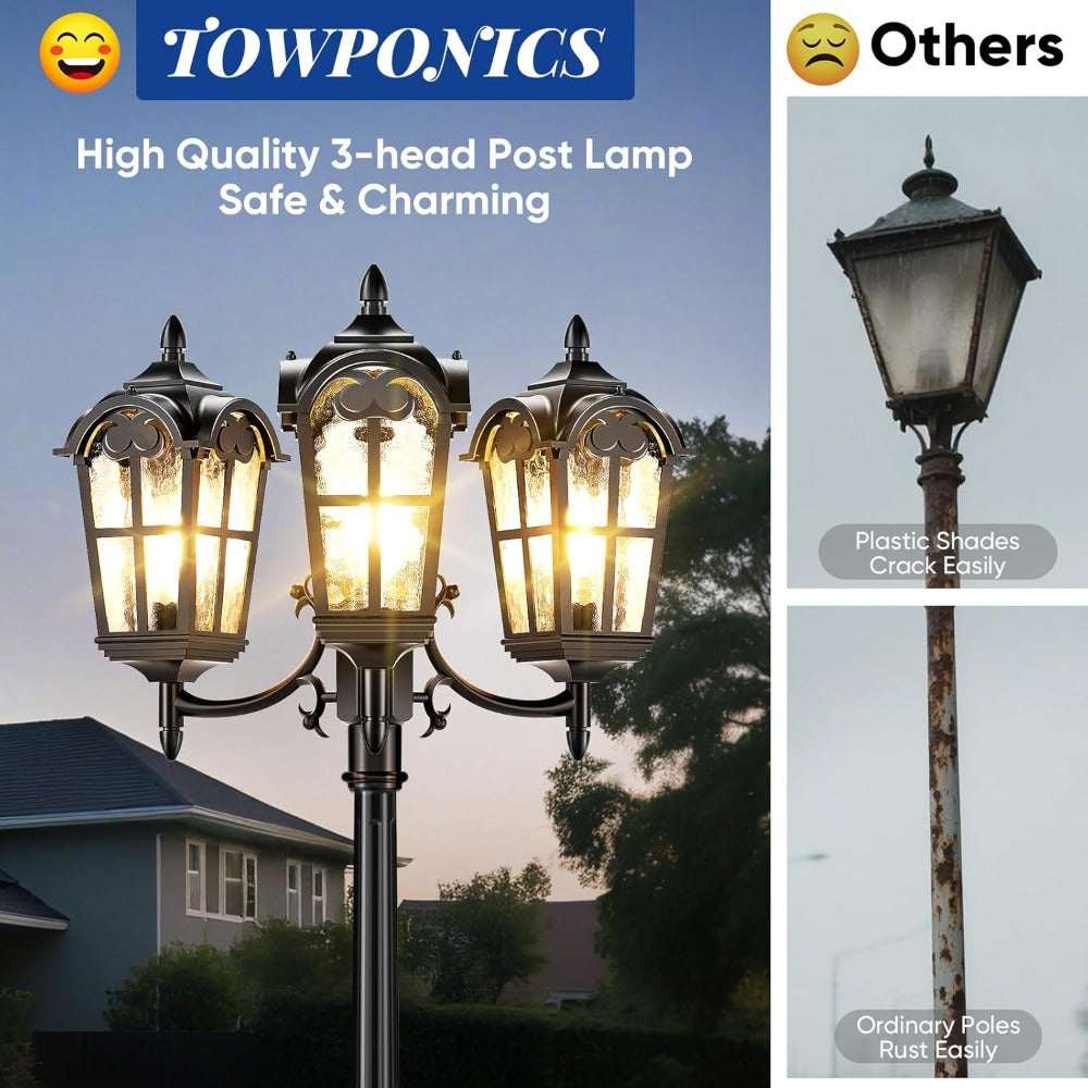 Outdoor Pathway Post Light, 3-Head Dusk-to-Dawn Fixture for Backyard and Garden Lighting Areas