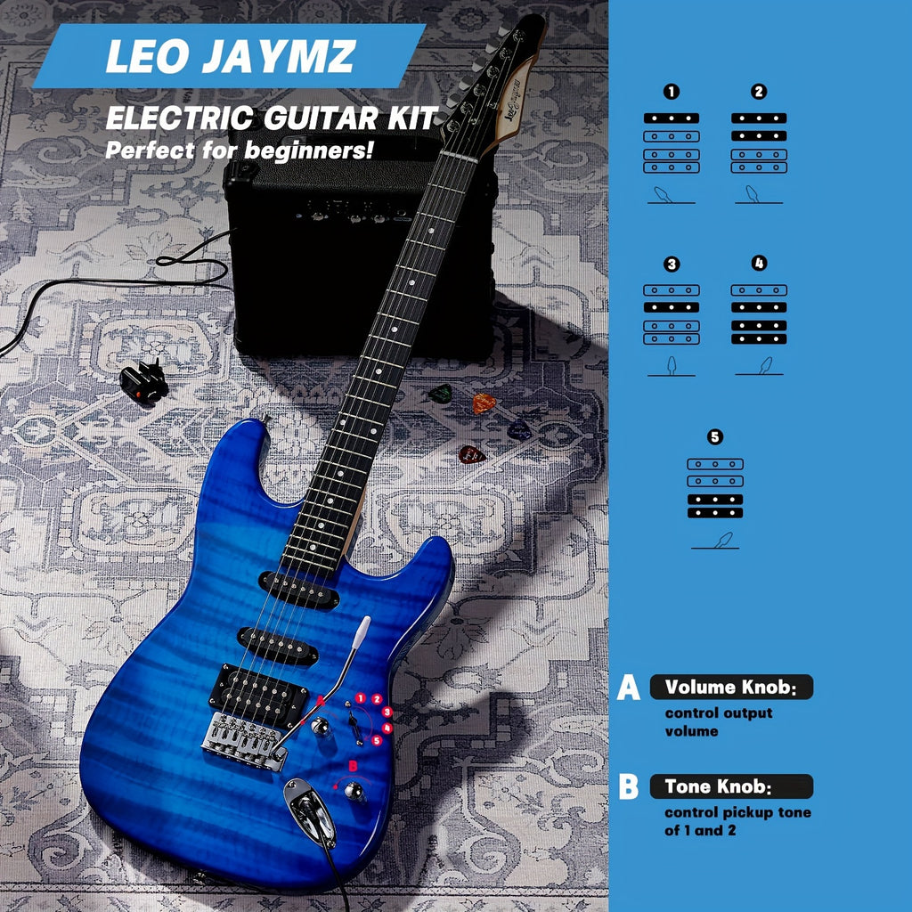 Leo Jaymz 39 Inch Full Size Electric Guitar Kit Electric Guitar Beginner Kits - 20W Amplifier, Digital Tuner, Carrying Bag, Shoulder Strap, Connecting Cable