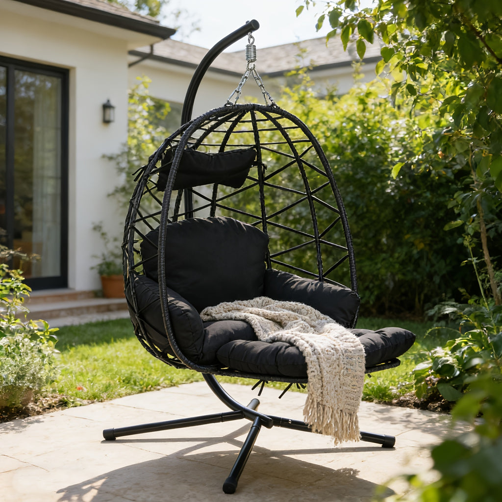 Hanging Egg Chair with Stand & Leg Rest, 350lb Rattan Wicker Swing Chair with Cushion, Patio Basket Hanging Chair Wicker Hammock Chair for Outdoor Garden Backyard Balcony, All-Weather Resilient