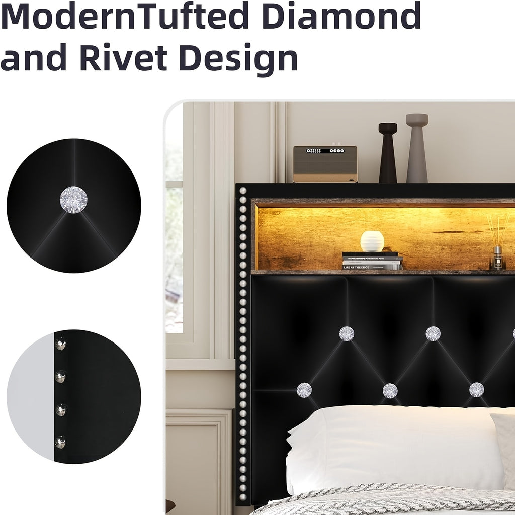 Bed Frame with LED Lights, Velvet Upholstered Platform Bed with Storage Headboard, Charging Station And Diamond Tufted Design - No Box Spring Required - Easy Assembly - Black