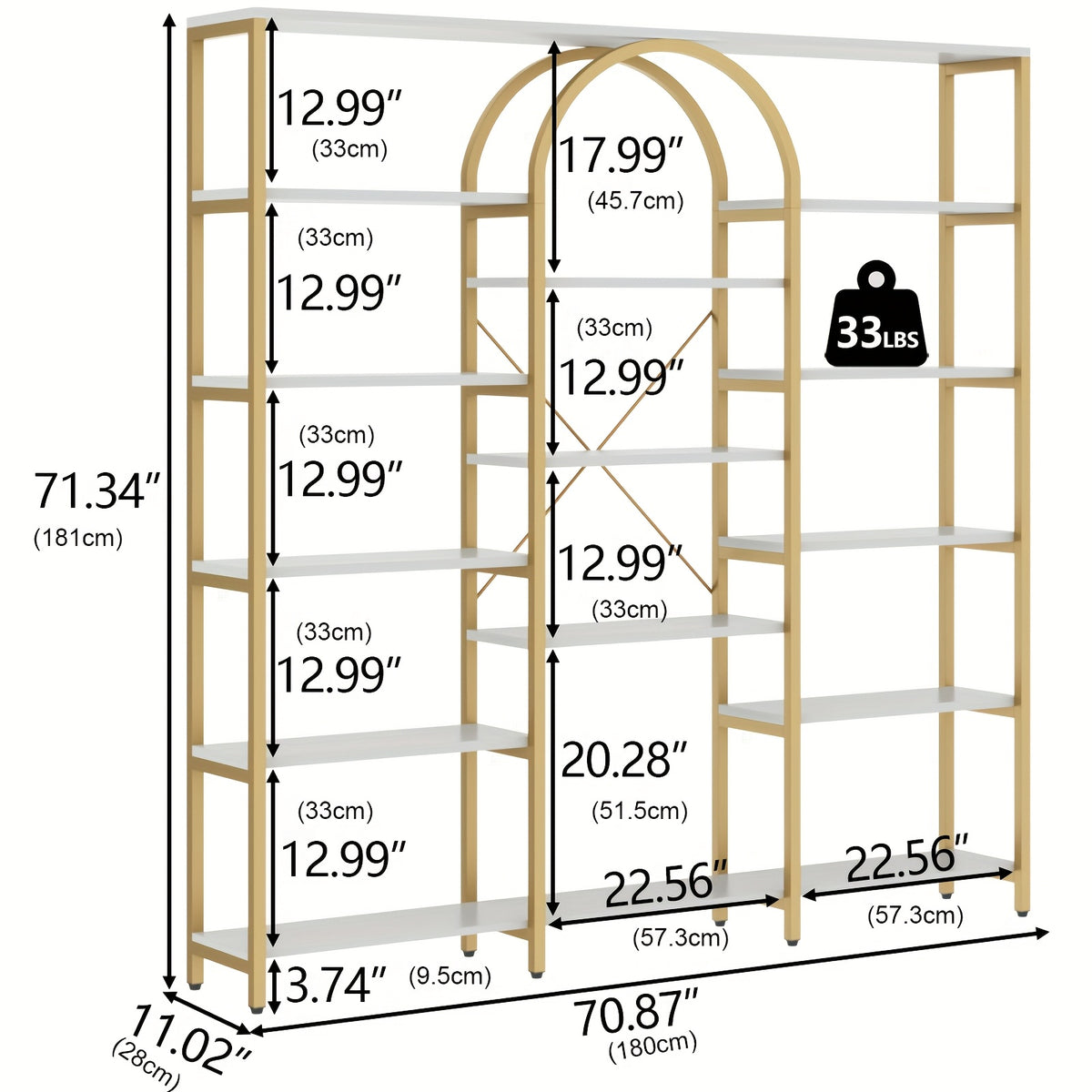Triple Wide 5-Tier Large Open Bookshelf, Tall Storage Display Shelf With Metal Frame, Extra Large Golden Bookcase, Freestanding Etagere Bookcase With Display Shelf For Home Office