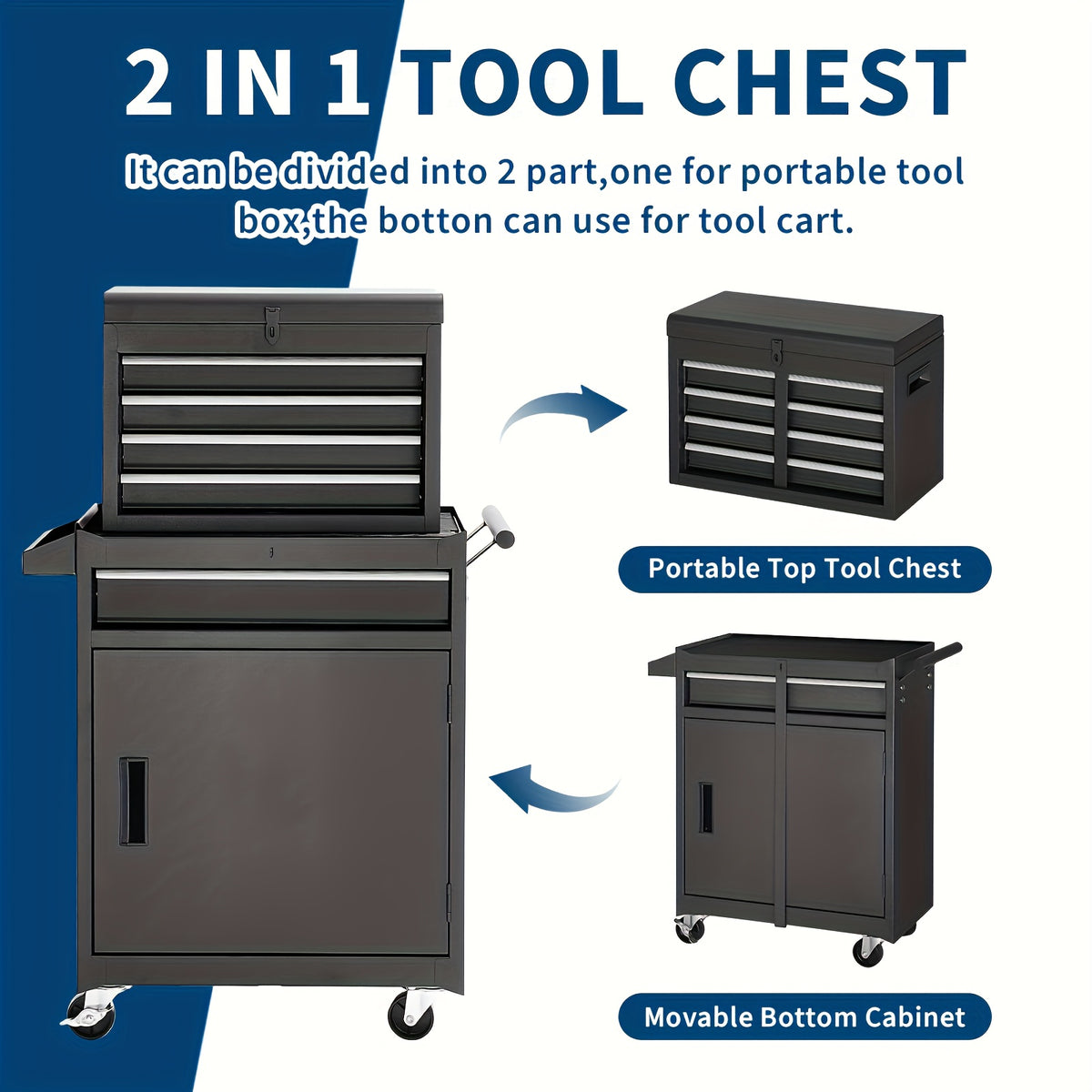 VIWAT 5-Drawers/8-Drawers Rolling Tool Chest And Cabinet In Black, Features Enhanced Packaging, Detachable Top Tool Box, And Lockable Wheels, Ideal As A Tool Cart for Garage And Workshop Use