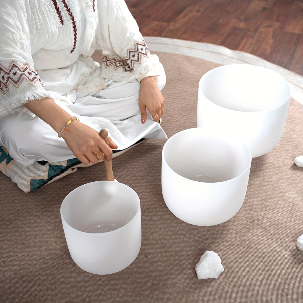 7-11Inch Quartz Crystal Singing Bowls Set of 3 Pure White for Mindfulness Meditation Yoga Sound Bowls with Case And Mallet