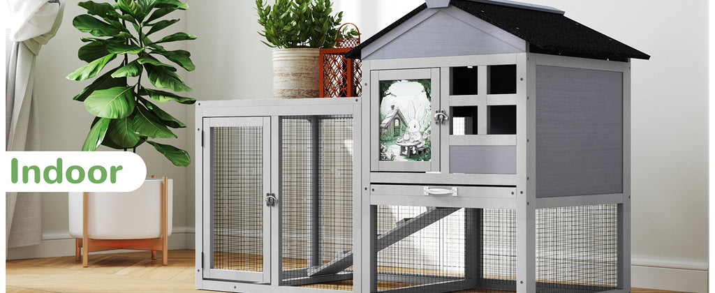 2-Tier Wood Rabbit Hutch, Indoor Outdoor Small Animal House with Removable Tray, Ramp, Openable Roof, Bunny Cage, Grey/Orange with Colorful Patterns