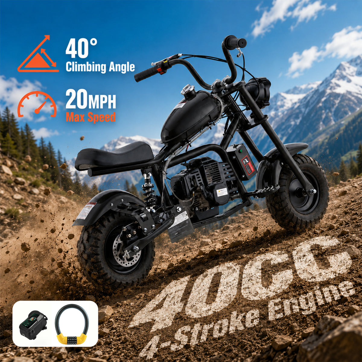 Gas Mini Chopper Bike, DB003 Model 40CC4-Stroke Dirt Bike with Big Headlight, Rear Shock Absorber, Metal Frame, Disc Brakes, Max Load 165Lbs, Up to 20Mph, Product name: gas mini dirt bike, chopper bike