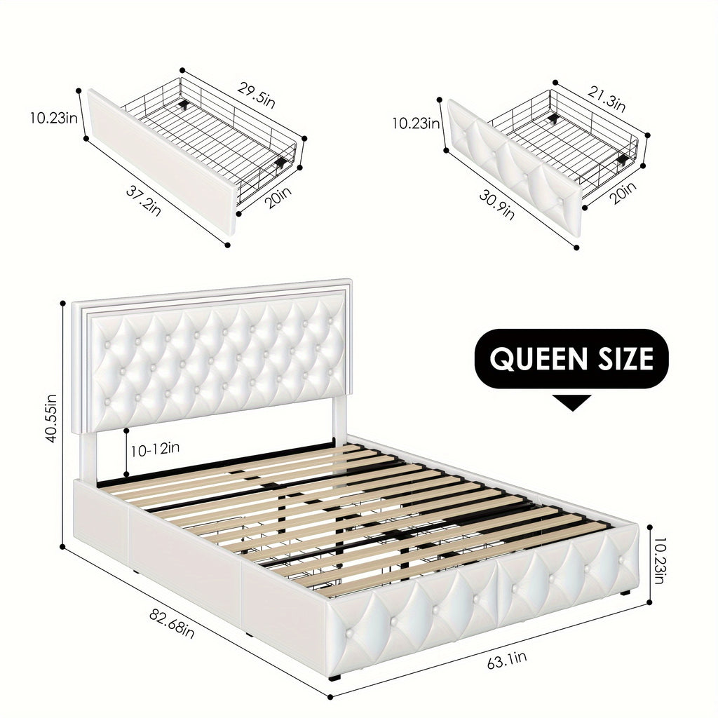 Full/Queen/King Size Modern Bed Frame with LED Headboard & 4 Storage Drawers - Upholstered Platform Bed, Button Tufted Headboard Suitable for Beige/White/Black - Assembly, No Box Spring Needed, Wood-Free