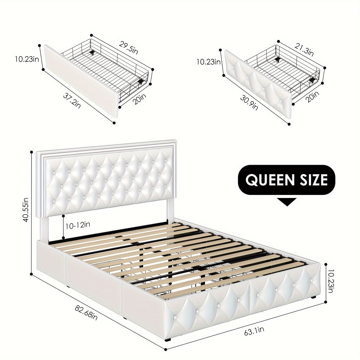 Full/Queen/King Size Modern Bed Frame with LED Headboard & 4 Storage Drawers - Upholstered Platform Bed, Button Tufted Headboard Suitable for Beige/White/Black - Assembly, No Box Spring Needed, Wood-Free