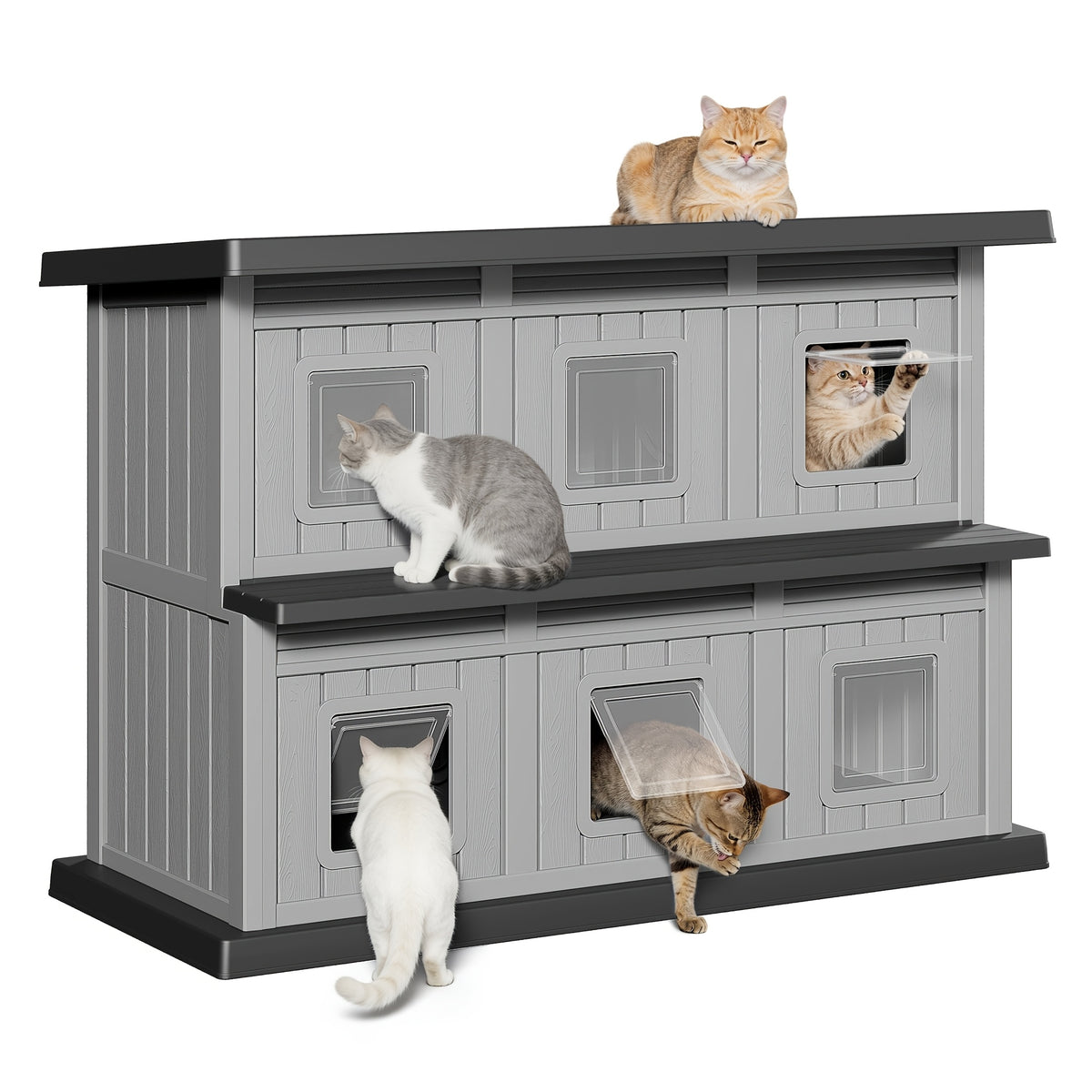 2-Tier Outdoor Cat House, Weatherproof Cat Shelter with 6 Doors & Ventilation, All-Weather Cat Apartment for Stray/Indoor Cats, Perfect for Backyard, Garden, Patio, 2 Colors Available, Grey-Black And Grey-Blue