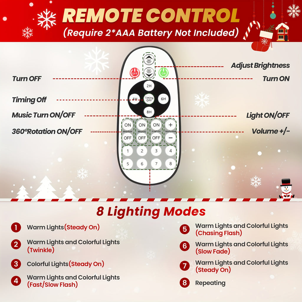 9ft Prelit Snow Flocked Artificial Christmas Tree with Multifunctional Remote, 8 Lighting Modes and 10 Brightness Musical Xmas Tree with Auto-Off Timer, 360 Degree Rotating Base Christmas Tree for Holiday Decorations