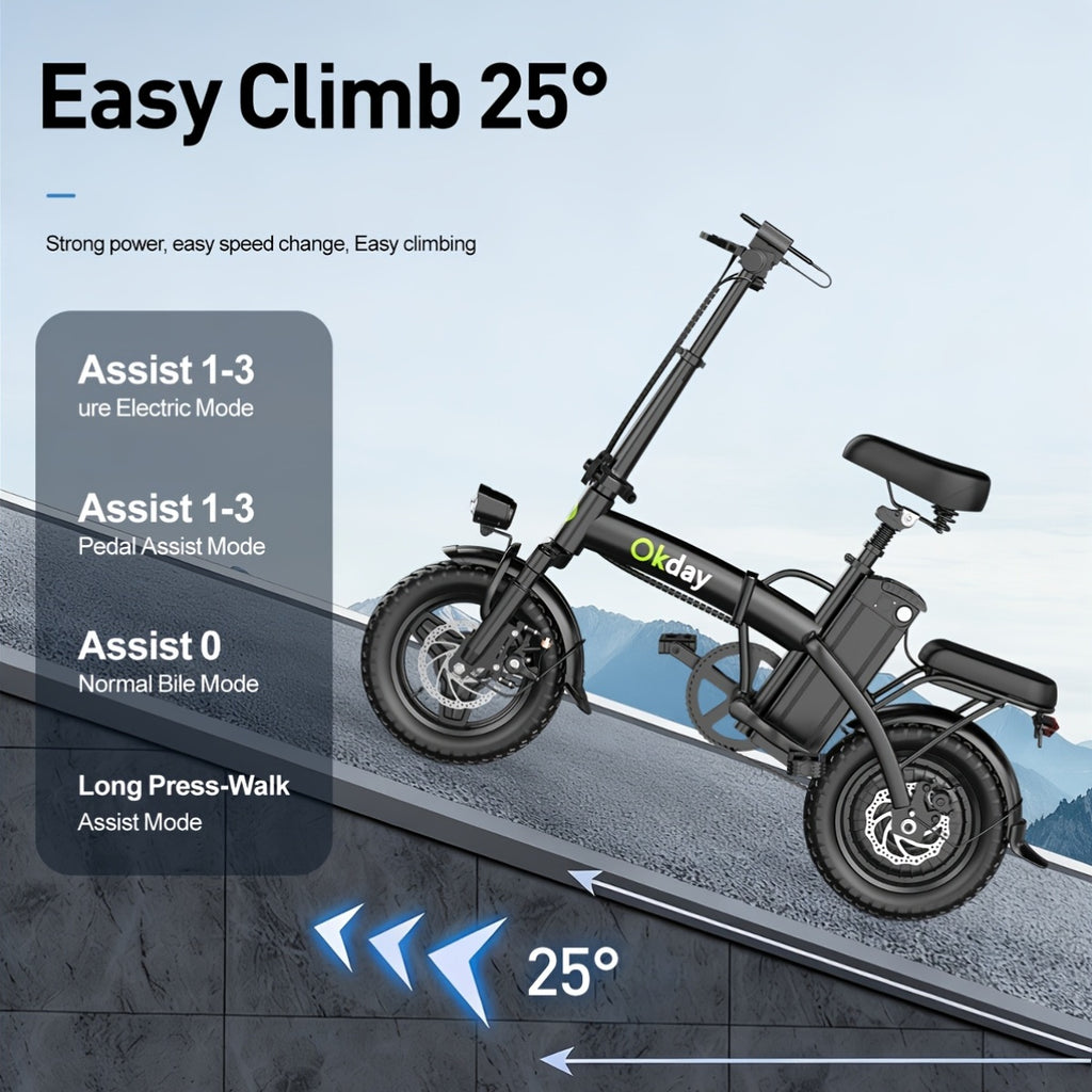 High-Power Electric Bicycle - Long Range, Foldable Portable Electric Scooter, Equipped with Dual Brakes, 14-Inch All-Terrain Tire Wheels, Dual Power Batteries/Electric Mode, Multi-Functional Bicycle, Iron-Carbon Alloy Frame