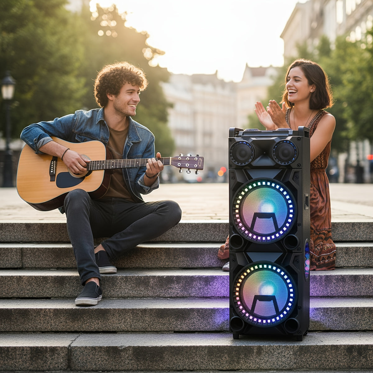 Portable Wireless Speaker with Dual 12-Inch Woofers and LED Party Lights for Gatherings and Stage Monitoring