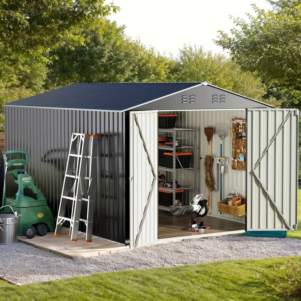 8x8 FT Storage Shed, Large Metal Tool Sheds With Lockable Doors, Outdoor Storage Shed For Backyard Garden Patio Lawn, Grey