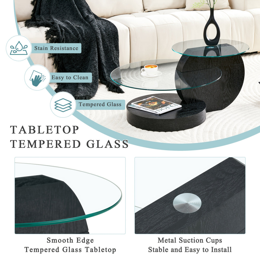 Glass Coffee Table for Small Spaces with Three-Tier Storage and a Clear Tempered Glass Top