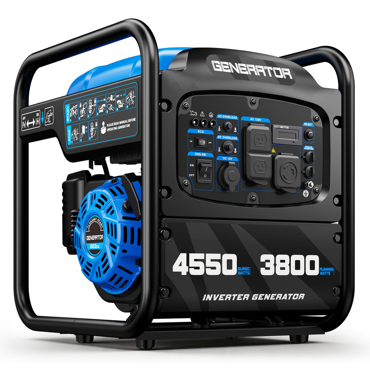 4550W Portable Inverter Generator, 3800W Rated, 223Cc 4-Stroke Gas Powered Engine, Pure Sine Wave for Sensitive Electronics, RV Ready with 30A Outlet, Home Backup, Camping, Emergency