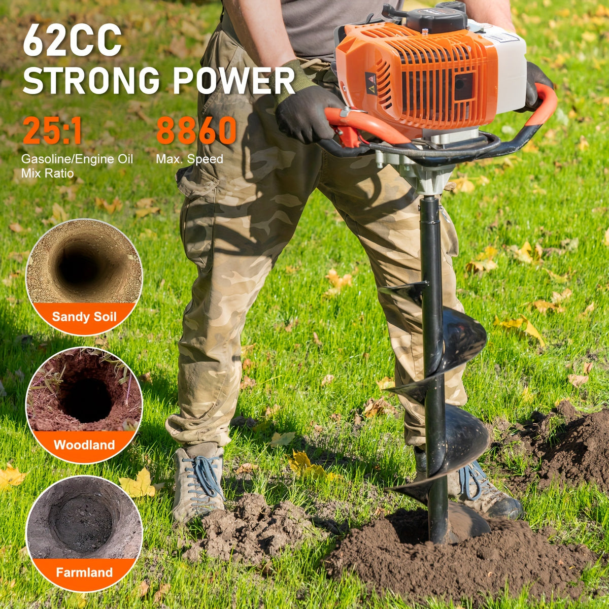 62CC Auger Post Hole Digger, a Gas-Powered Earth Post Hole Digger with 2 Auger Drill Bits (6" & 8") And 1 Extension Rod for Farming And Gardening, in Orange Color (62CC)
