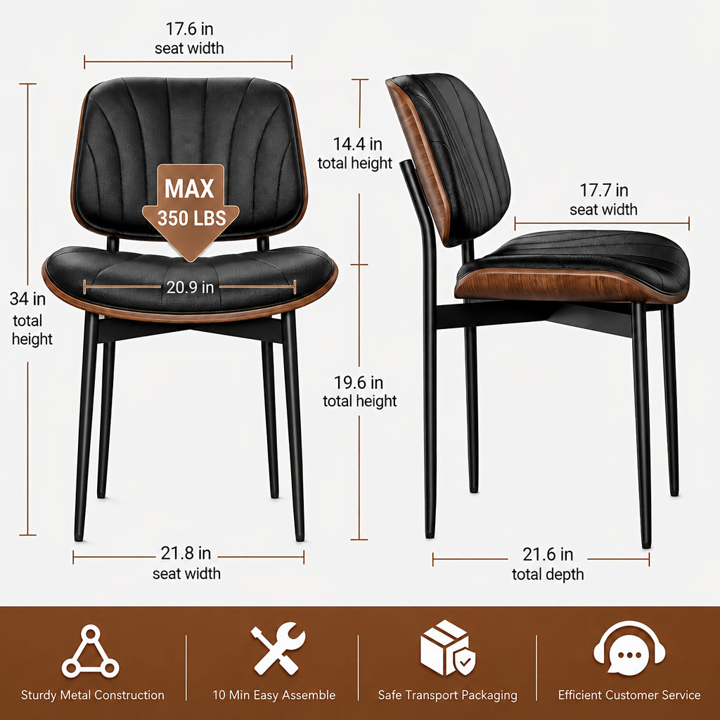 Set Of 2 Modern Faux Leather Dining Chairs, Padded Seat & Backrest, Metal Legs with Adjustable Feet, for Kitchen, Dining Room, Office