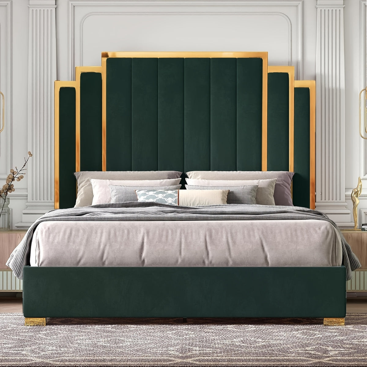 LUXOAK Modern Upholstered Bed Frame with 65" Headboard, Golden Plating Trim, Platform Design - No Box Spring Needed
