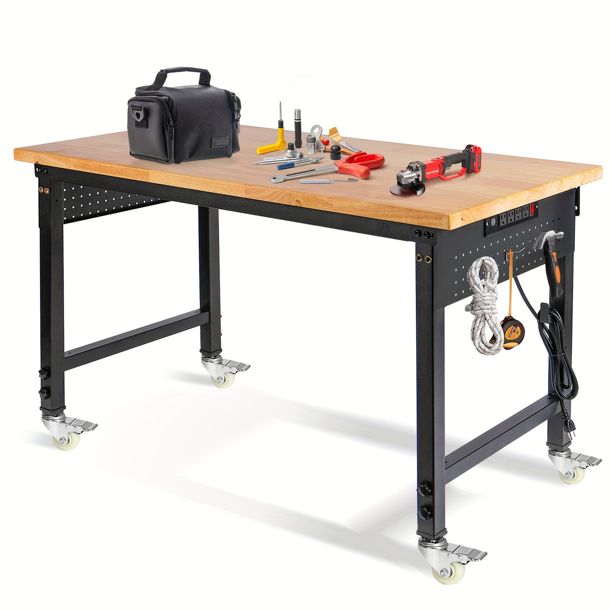 [Heavy Duty Workbench] 48"×24" Heavy Duty Workbench With Wheels, 2000 LBS Load Capacity Thick Solid Wood Work Table With Power Outlets, Pegboard, Work Bench For Garage, Office, Home, Workshop, Commercial