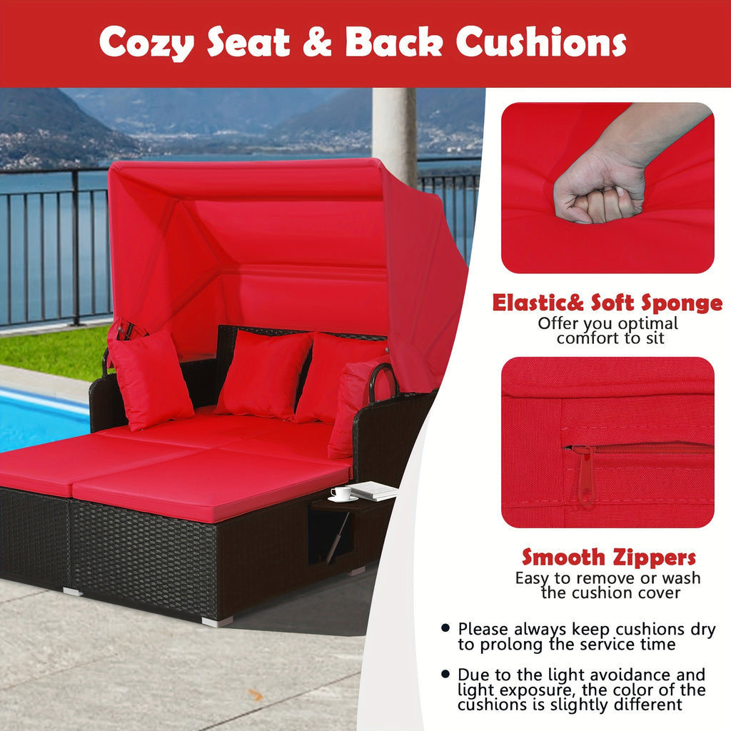 COSTWAY Patio Rattan Daybed Lounge Retractable Top Canopy Side Tables Cushions Gray.