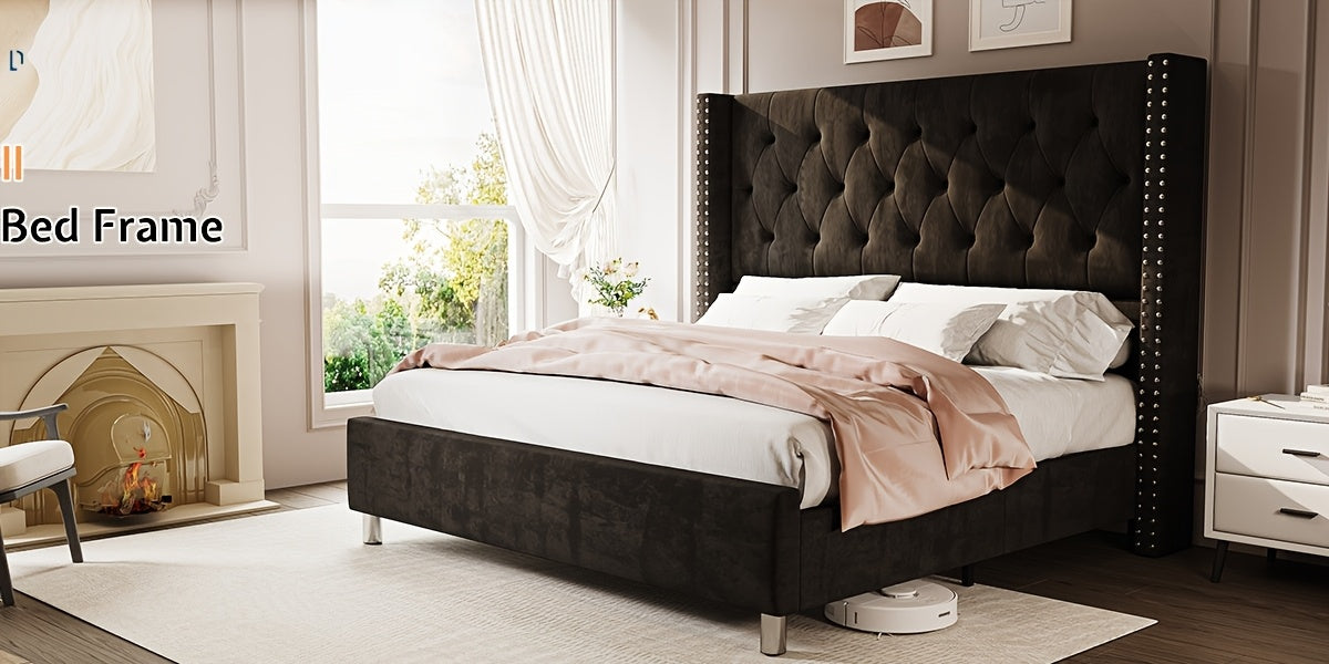 Papajet Velvet Upholstered Bed Frame with Wingback Headboard, No Box Spring Required