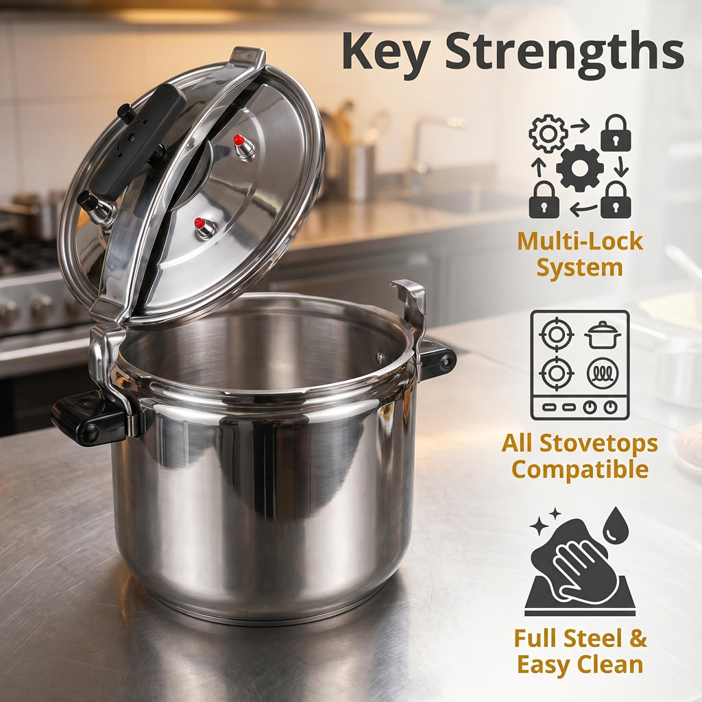 Commercial 26.5 Qt Stainless Steel Pressure Cooker -for Restaurant & Hotel Kitchens, Induction/Gas