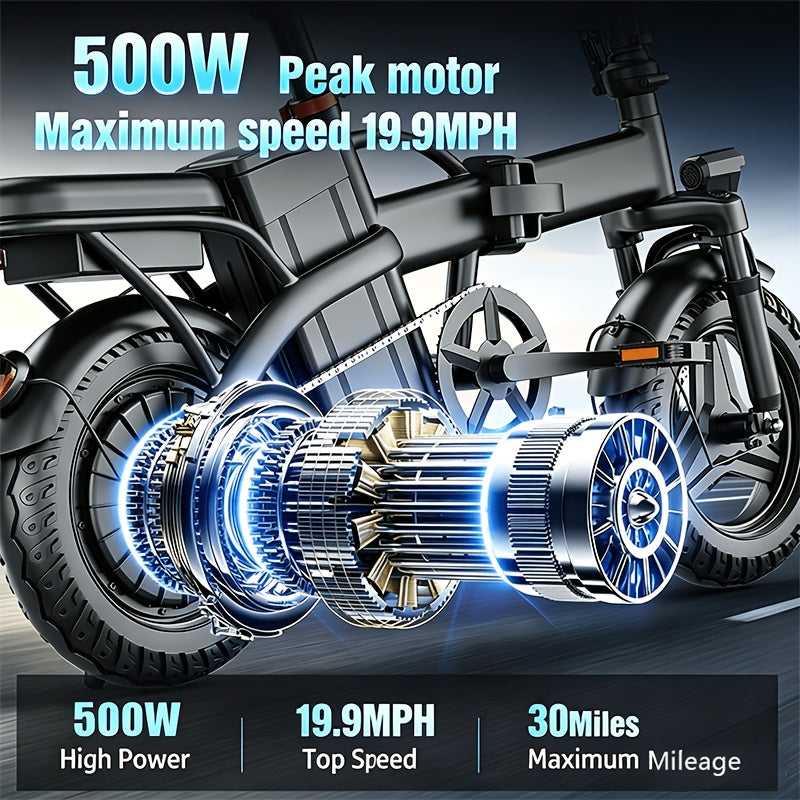 14-Inch Lightweight Folding Electric Bike, 500W Motor, 19.9 MPH Max Speed, 48V 6Ah Removable Battery, Portable Compact E-Bike for Adults, Urban Commuting
