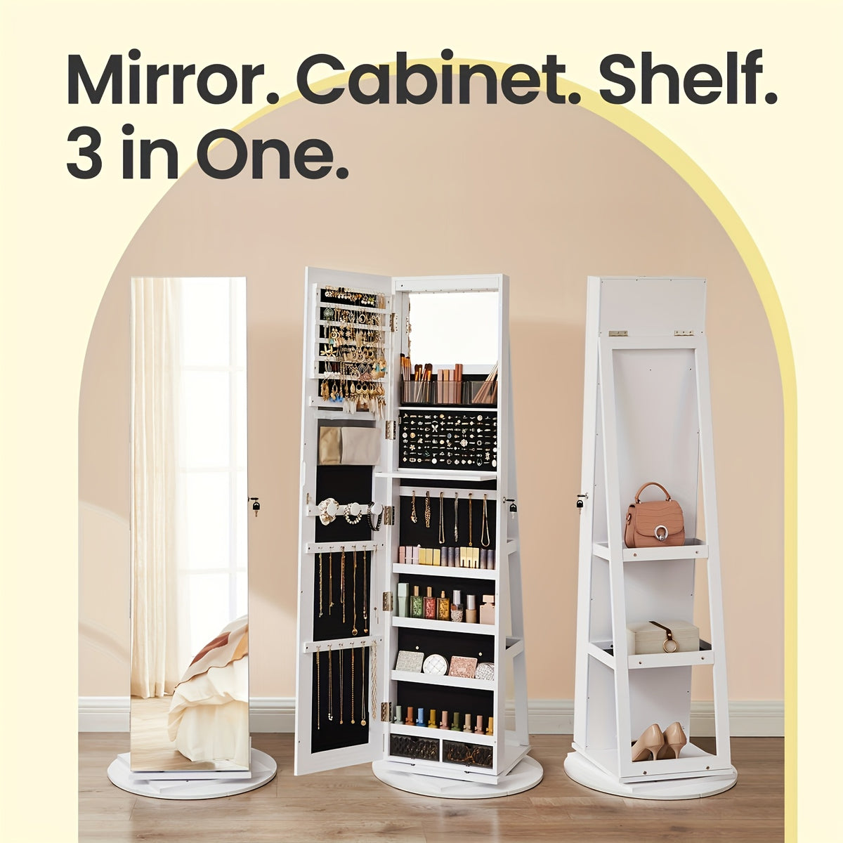 6 LEDs Lockable Mirror Jewelry Cabinet, 360° Swivel Jewelry Organizer Armoire Standing, Frameless Full-Length Mirror, 3 Storage Shelves, Christmas Gifts, Jewelry Armoires